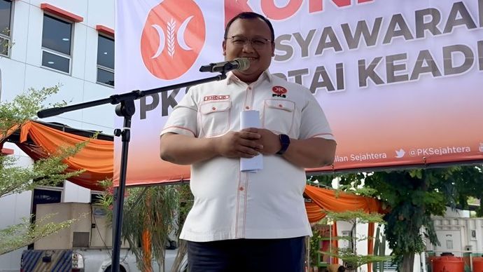 Jubir PKS Muhammad Kholid dalam konferensi pers di Kantor DPP PKS, Jakarta Selatan, Sabtu (10/8/2024).  <b>(ANTARA/Narda Margaretha Sinambela)</b>