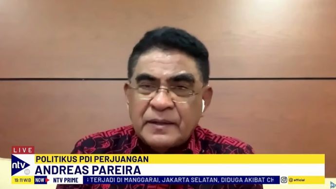 Politikus senior PDI Perjuangan, Andreas Hugo Pareira saat menjadi narasumber dalam Program Dialog NTV Prime di Nusantara TV, Selasa (13/8/2024).&nbsp; 