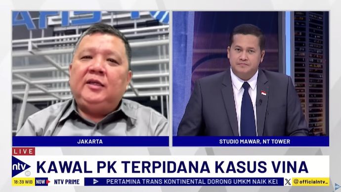 Kuasa hukum enam terpidana kasus Vina Cirebon sekaligus kuasa hukum orang tua Sudirman, Jutek Bongso saat menjadi narasumber dalam program Dialog NTV Prime di Nusantara TV, Senin (19/8/2024).&nbsp;