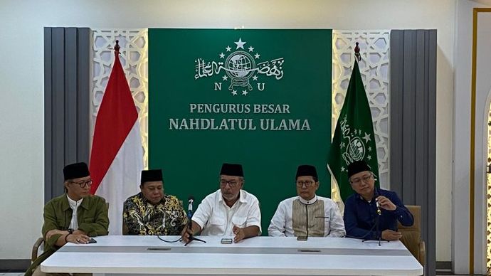 Konferensi pers terkait ketidakhadiran Ketua Umum DPP PKB Muhaimin Iskandar memenuhi undangan panitia khusus (pansus) PBNU di Kantor PBNU, Jakarta, Rabu (21/8/2024).