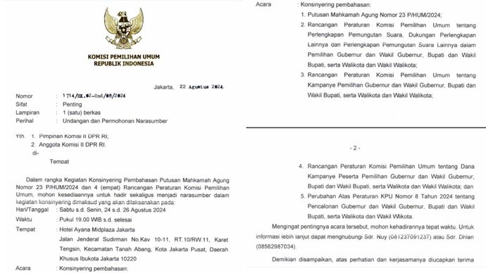 Surat Undangan KPU ke DPR Bahas Putusan MA <b>(Dok. Ist)</b>