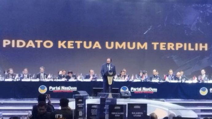 Ketua Umum Partai Nasdem terpilih dalam Kongres III Partai NasDem, Surya Paloh, menyampaikan pidato di Jakarta Convention Center, Jakarta, Selasa (27/8/2024). <b>(Dok.Antara)</b>