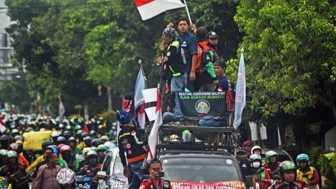 Demo ojol dan kurir. (Antara) 