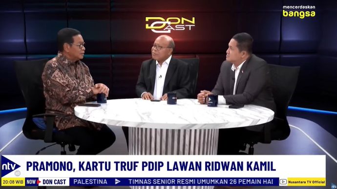 Pramono Anung saat tampil sebagai bintang tamu dalam Program DonCast di Nusantara TV yang dipandu jurnalis senior Don Bosco Selamun dan Donny de Keizer, Kamis, 29 Agustus 2024.