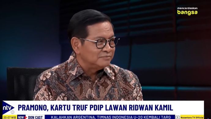 Pramono Anung saat tampil sebagai bintang tamu dalam Program DonCast di Nusantara TV yang dipandu jurnalis senior Don Bosco Selamun dan Donny de Keizer, Kamis, 29 Agustus 2024.