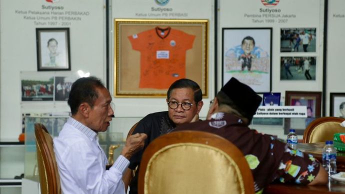 Bakal cagub-cawagub Jakarta 2024 dari PDIP Pramono Anung-Rano Karno bertemu dengan mantan Gubernur DKI Jakarta Sutiyoso atau Bang Yos, di Museum Bang Yos, Jatisampurna, Bekasi, Jawa Barat. Kamis (5/9/2024).