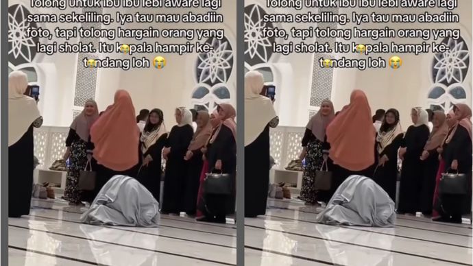 Ibu-ibu tertawa dan foto bersama depan orang sujud