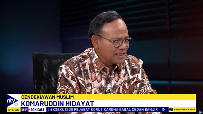 Cendekiawan Muslim Komaruddin Hidayat saat menjadi bintang tamu program DonCast yang dipandu jurnalis senior Nusantara TV, Don Bosco Selamun dan Donny de Keizer, Kamis, 5 September 2024.