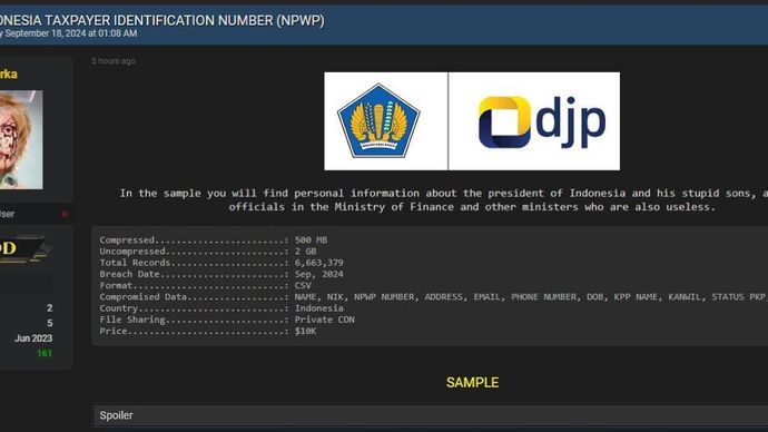 Tangkapan layar kebocoran data Wajib Pajak berupa Nomor Pokok Wajib Pajak (NPWP) dari sejumlah tokoh penting.