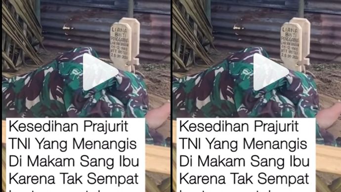 Seorang anggota TNI tangisi makam ibunya.