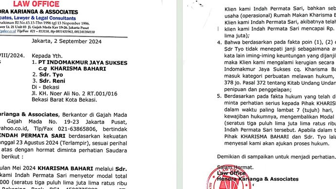 Pihak kuasa Hukum Indah Permatasari melakukan somasi <b>(Dok)</b>