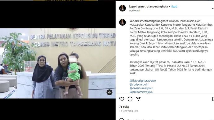 Seorang ibu gendong buah hati usai sang anak dijual ayahnya Rp15 juta di Tangerang <b>(Instagram)</b>