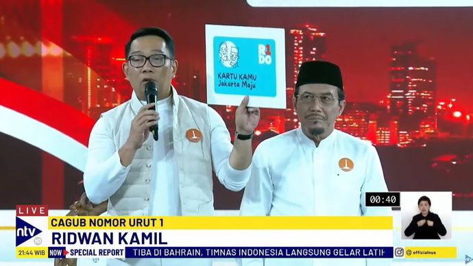 Ketiga paslon Pilkada Jakarta 2024 yakni nomor urut 1 Ridwan Kamil-Suswono, nomor urut 2 Dharma Pongrekun-Kun Wardana, dan nomor urut 3 Pramono Anung-Rano Karno turut serta dalam debat, pada Minggu (6/10/2024) malam, di JIExpo, Kemayoran, Jakarta Pus