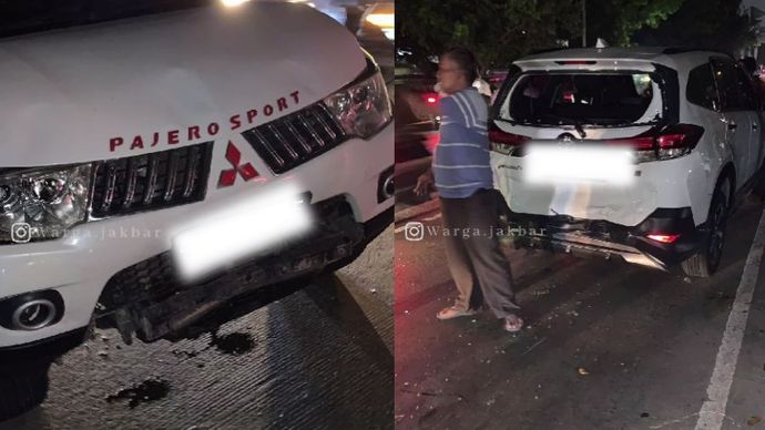 Sebuah mobil Pajero dan Toyota Rush terlibat kecelakaan di Jalan Tubagus Angke, Jakarta Barat, Selasa 8 Oktober 2024 pukul 21.00 WIB.