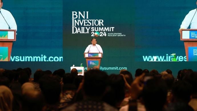 Menteri Pertahanan RI, Prabowo Subianto, di acara BNI Investor Daily Summit 2024, pada Selasa (8/10).