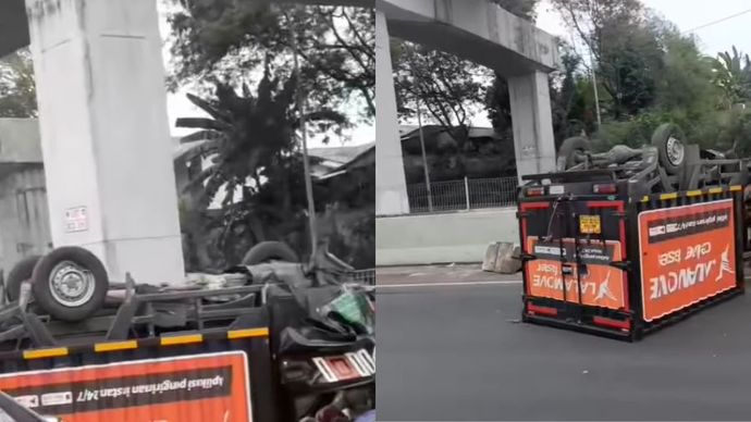 mobil ekspedisi dilaporkan terbalik di Tol Jakarta-Cikampek pada KM 7 arah Cikampek siang tadi, Kamis (10/10/2024).