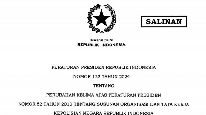 Tangkapan layar - Salinan Peraturan Presiden (Perpres) Nomor 122 Tahun 2024 tentang Perubahan Kelima Atas Peraturan Presiden Nomor 52 Tahun 2010 tentang Susunan Organisasi dan Tata Kerja Polri yang diteken Presiden Joko Widodo pada 15 Oktober 2024.