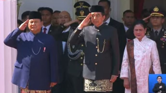 Upacara penyambutan Presiden Prabowo Subianto di Istana Negara. 