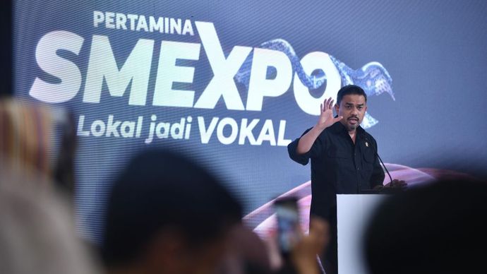 Menteri UMKM Maman Abdurrahman memberikan sambutan pada pameran Pertamina SMEXPO 2024. (Foto: Istimewa/Pertamina)