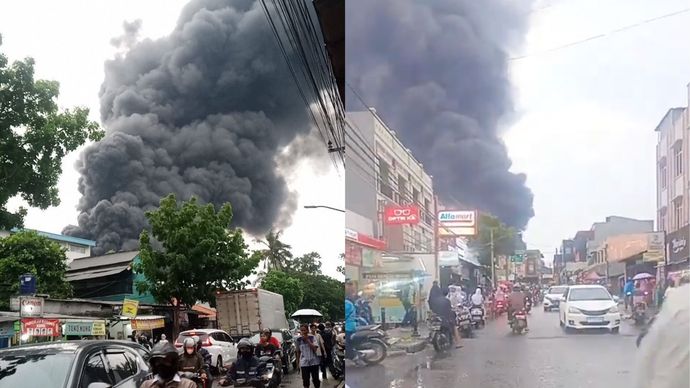 Kebakaran pabrik di Jalan Imam Bonjol, Karawaci, Tangerang, Senin (28/10/2024).