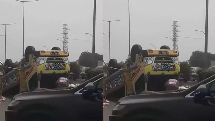 Sebuah truk terbalik di ruas Tol Priok menuju Cawang, Selasa (29/10/2024).