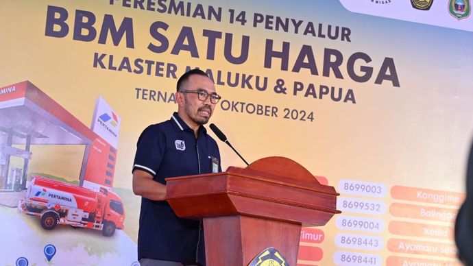 Direktur Utama Pertamina Patra Niaga Riva Siahaan memberikan sambutan pada peresmian 14 Penyalur BBM Satu Harga Klaster Maluku dan Papua di Halaman Kantor Fuel Terminal Ternate, Maluku Utara, Rabu (30/10/2024)/Foto: Istimewa