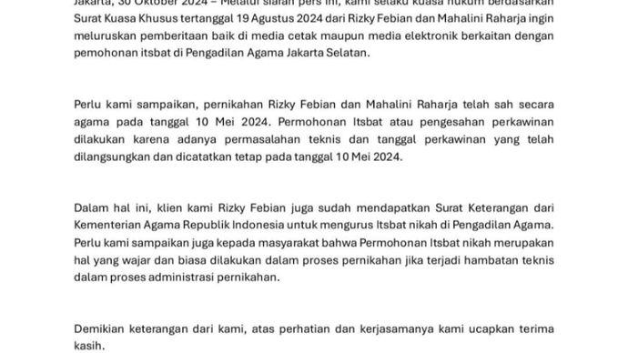 Klarifikasi kuasa hukum Mahalini dan Rizky Febian 