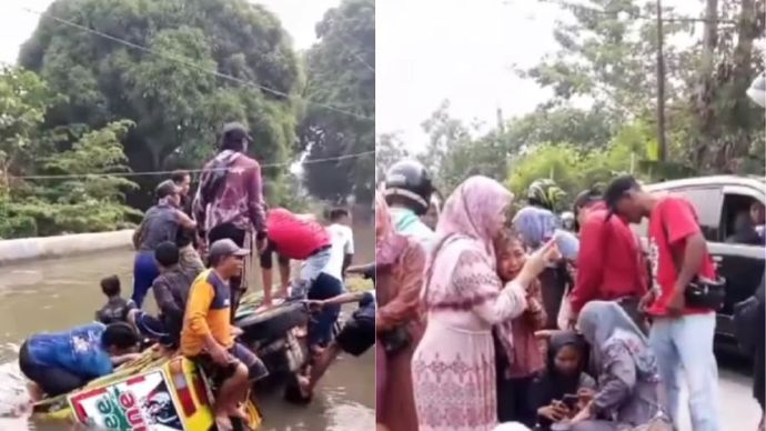 Sebuah kendaraan odong-odong yang mengangkut rombongan emak-emak dan anak-anak tercebur ke sungai di Karawang.