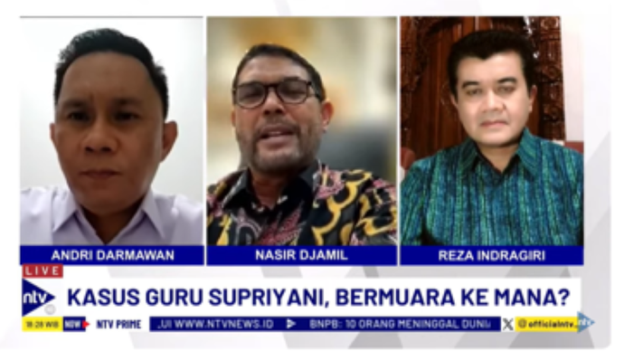 Anggota Komisi III DPR RI Muhammad Nasir Djamil (tengah) bersama pakar Psikologi Forensik Reza Indragiri (kanan) dan kuasa hukum guru Supriyani, Andri Darmawan dalam Dialog NTV Prime di NusantaraTV/tangkapan layar NTV