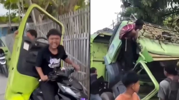 Sejumlah warga melakukan aksi perusakan terhadap truk di Jalan Salembaran, Teluknaga, Kabupaten Tangerang, Banten.