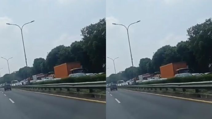 Sebuah mobil box terguling, memicu kemacetan parah di ruas Tol Jatiwarna KM 34.600, mengarah ke Pondok Indah.