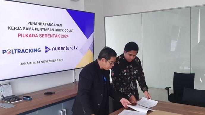 Teken Kerja Sama Penyiaran Quick Count Pilkada Serentak 2024 antara Nusantara TV dan Poltracking.