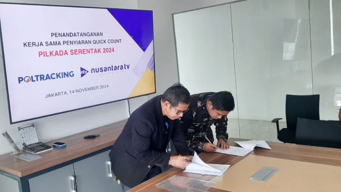 Teken Kerja Sama Penyiaran Quick Count Pilkada Serentak 2024 antara Nusantara TV dan Poltracking. <b>(Dok.Ntvnews.id)</b>