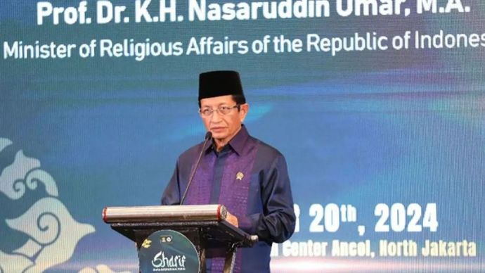 Menteri Agama Nasaruddin Umar saat membuka penyelenggaraan Sharia International Forum (SHARIF) 2024 di Hotel Mercure Ancol, Jakarta Utara.