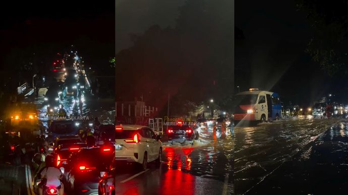 Luapan Kali Krukut Picu Kemacetan di Jalan Puri Mutiara Raya Cipete Selatan, Minggu, 24 November 2024.