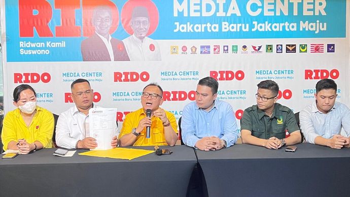 Konferensi pers Tim RIDO soal dugaan kecurangan di Pilkada Jakarta 2024. 