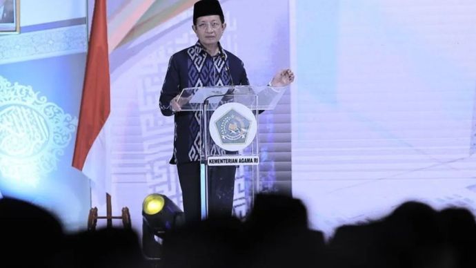 Menteri Agama RI Nasaruddin Umar saat peresmian Gedung Pusat Literasi Keagamaan Islam (PLKI) Unit Percetakan Al Quran (UPQ) di Ciawi, Bogor, Rabu (4/12/2024).