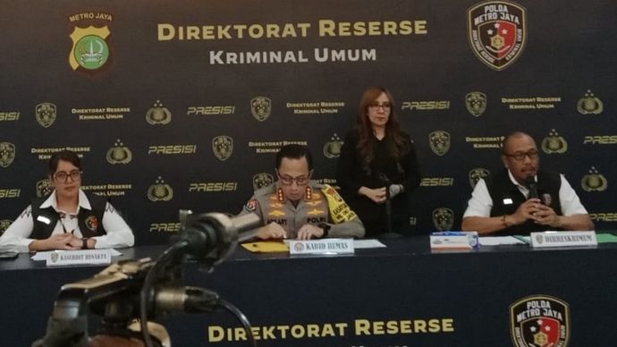 Konferensi pers Polda Metro Jaya terkait kasus TPPO. 