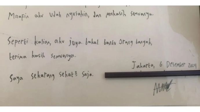 Tulisan MAS (14) dalam sebuah surat yang diperoleh dari anggota tim kuasa hukum kasus anak bunuh ayah, APW (40) dan neneknya, RM (69) serta melukai ibunya, AP di Jakarta, Jumat (6/12/2024)