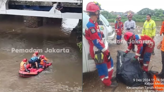 Seorang pekerja meninggal dunia usai tercebur ke sungai di Jalan Jati Petamburan Raya, Kelurahan Petamburan, Kecamatan Tanah Abang, Jakarta Pusat. Senin 9 Desember 2024.