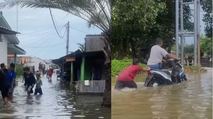 Banjir rob kembali melanda kawasan pemukiman warga di Kampung Tanah Baru Kapling Pondok Dua, Babelan, Bekasi pada Minggu, 15 Desember 2024.