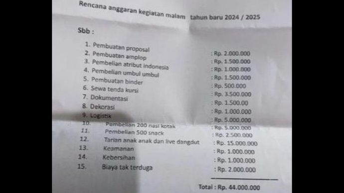 Surat anggaran perayaan tahun baru ormas di Bekasi. (Instagram) 