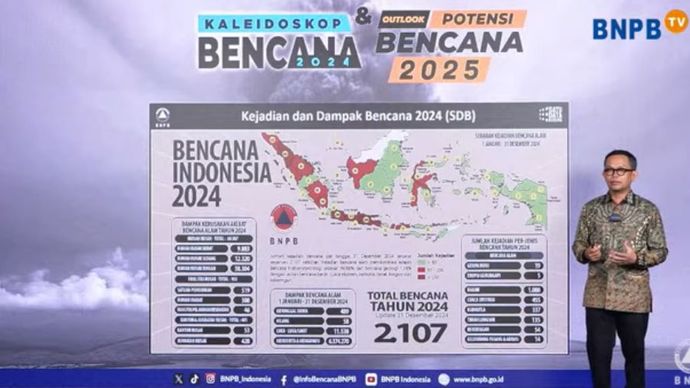 Jumlah kejadian bencana di Indonesia pada tahun 2024. <b>(Tangkapan layar Youtube)</b>