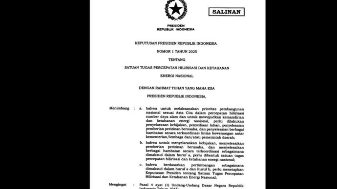 Tampak depan Keputusan Presiden Nomor 1 Tahun 2025 tentang Satuan Tugas Percepatan Hilirisasi dan Ketahanan Energi Nasional.