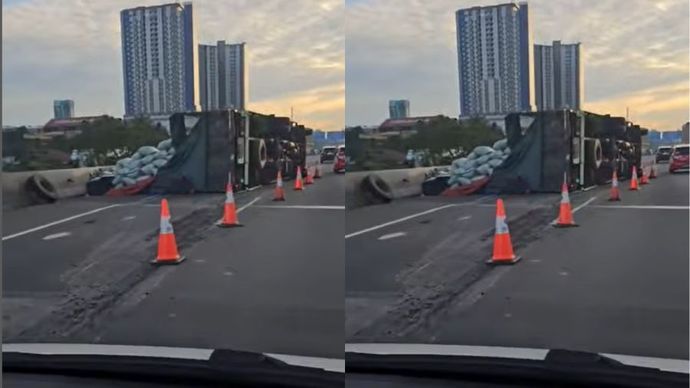 Sebuah truk mengalami kecelakaan di KM 19 Tol Tangerang Arah Tomang.