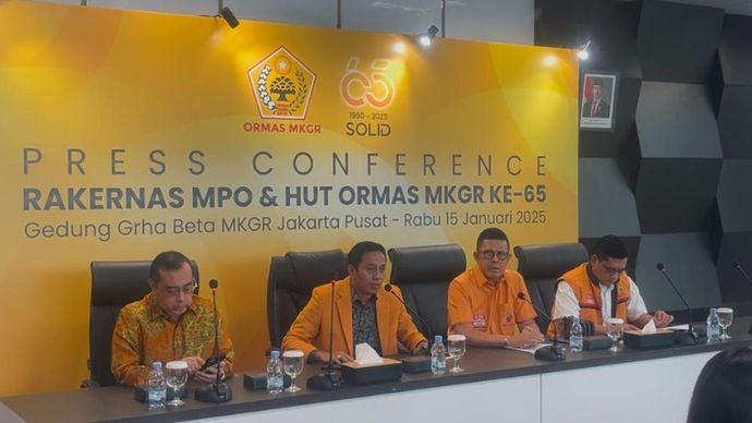 Press Conference Rakernas MPO dan HUT Ormas MKGR ke-65 di Bendungan Hilir, Jakarta Pusat, Rabu 15 Januari 2025.