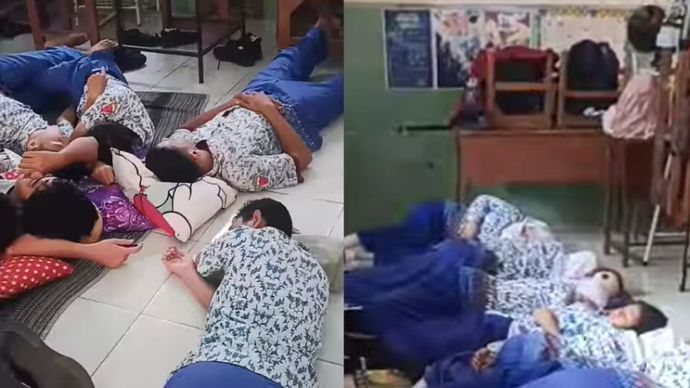 Pelajar SMPN 39 Surabaya sedang tidur siang.