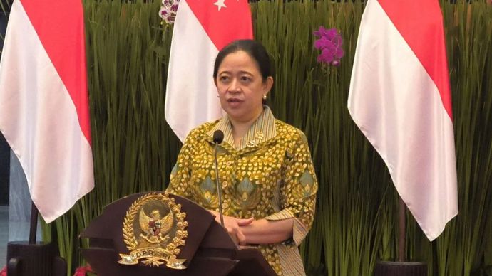 Ketua DPP PDIP yang juga Ketua DPR RI Puan Maharani saat konferensi pers usai menerima kunjungan Ketua Parlemen Singapura Seah Kian Peng di Gedung Nusantara, Kompleks Parlemen, Senayan, Jakarta, Jumat 24/1/2025). 