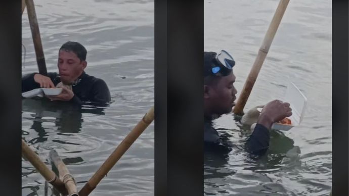 Momen TNI AL Makan Siang di Tengah Laut.