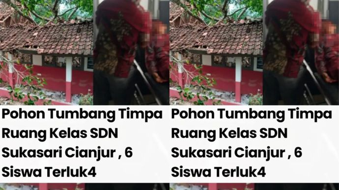 pohon tumbang timpa SD. Kejadian ini terjadi sekitar pukul 11.30 WIB saat siswa sedang belajar.